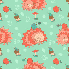 Stylish seamless texture with doodled cartoon hedgehog in pink a