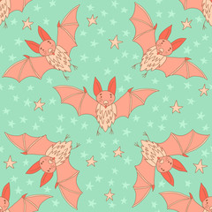 Stylish seamless texture with doodled cartoon bat in pink and bl