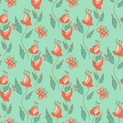 Stylish seamless texture with doodled cartoon flowers in pink an