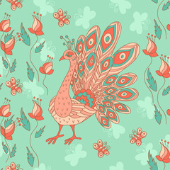 Stylish seamless texture with doodled cartoon peacock in pink an