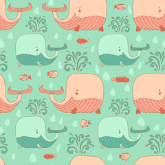Stylish seamless texture with doodled cartoon whale in pink and