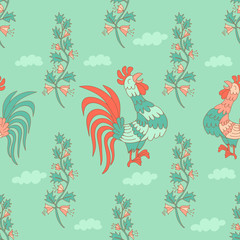 Stylish seamless texture with doodled cartoon cockerel in pink a