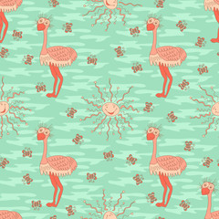 Stylish seamless texture with doodled cartoon ostrich in pink an