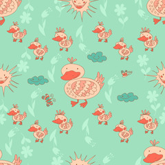 Stylish seamless texture with doodled cartoon duck in pink and b