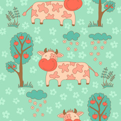 Stylish seamless texture with doodled cartoon cow in pink and bl