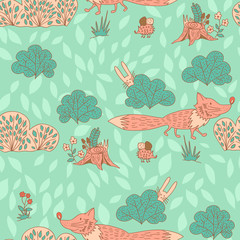 Stylish seamless texture with doodled cartoon fox in pink and bl