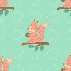 Stylish seamless texture with doodled cartoon  squirrel in pink
