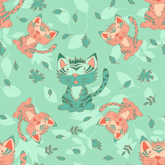 Stylish seamless texture with doodled cartoon tiger in pink and