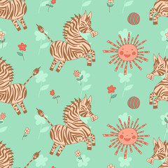 Stylish seamless texture with doodled cartoon zebra in pink and