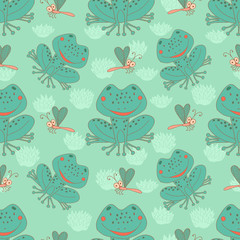 Stylish seamless texture with doodled cartoon frog in pink and b