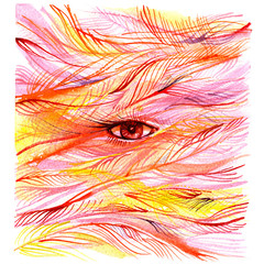 abstract composition with red-yellow lines and eye, watercolor painting