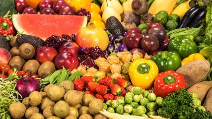 Large group of fresh fruits and vegetables organic for healthy