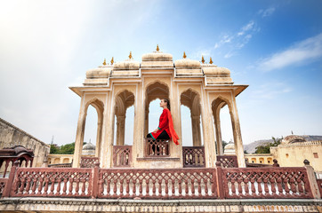 Woman on balcony in Palace of Rajasthan