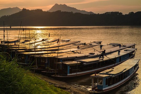 Tour boats in Mekong river, Luang Prabang, Laos