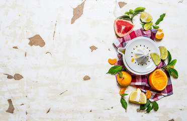 Juicer with citrus fruits - grapefruit, orange, tangerine, lemon, lime on the fabric.
