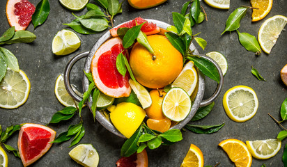 Citrus fruits - grapefruit, orange, tangerine, lemon, lime in a cup.