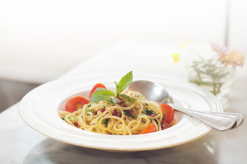 Low angle view of a serving of Italian spaghetti with a meat bas
