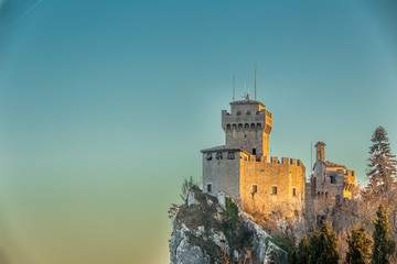 crenellated tower overlooking the valley