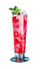 Water-melon cocktail. Menu. Food composition. Watercolor hand drawn illustration