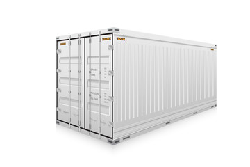 Cargo container vector isolated on white background. Metal box or equipment for storage at dock, port, warehouse. Freight transport by ship, crane, trailer truck for shipping, import export business.