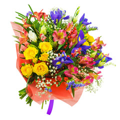 Bouquet of roses, iris, alstroemeria, nerine and other flowers.