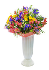 Bouquet of roses, iris, alstroemeria, nerine and other flowers.