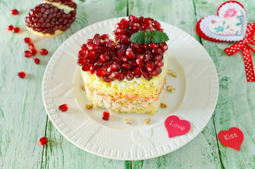 Layered salad from vegetables on the holiday table. Wedding day.