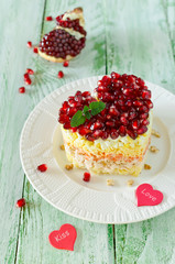 Layered salad from vegetables on the holiday table. Wedding day.