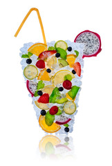 Ice fruit cocktail with ice cubes on white background