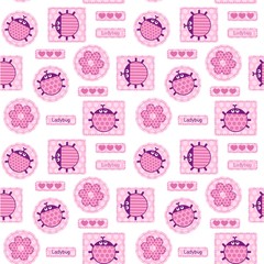 Fototapeta premium Patches pink ladybirds and hearts seamless vector pattern