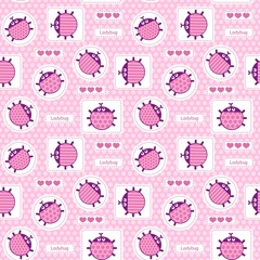Pink patches with ladybirds and hearts seamless vector pattern