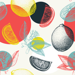 Fototapety  Wektor wzór z atramentem ręcznie rysowane limonki owoców, kwiatów, plasterków i liści szkicu. Vintage tło cytrusowe w pastelowych kolorach