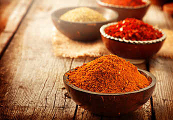 Spice. Various spices over wooden background