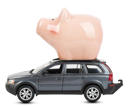 Car With Piggy Bank On White