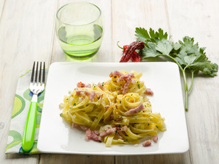 tagliatelle with bacon and hot chili pepper