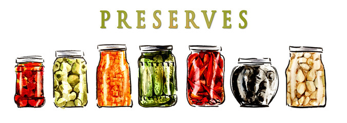 Preserves. Vegetables in jars. Food backdrop. Watercolor hand drawn illustration.