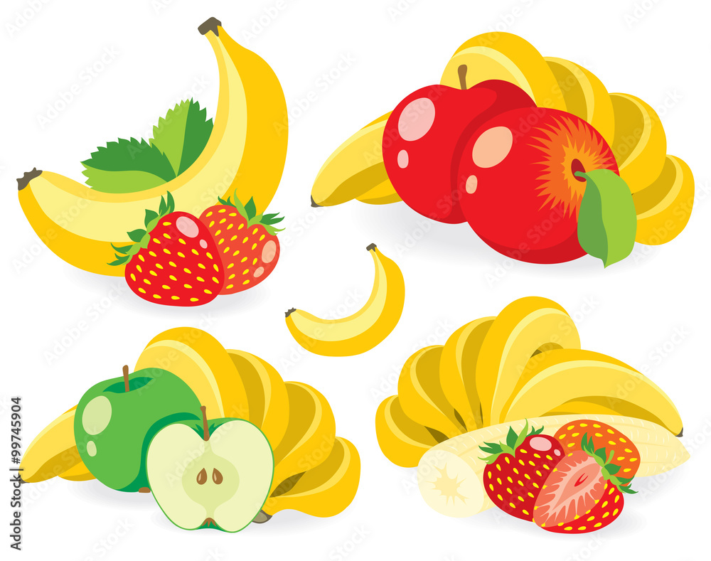 Poster banana and other fruits vector illustrations