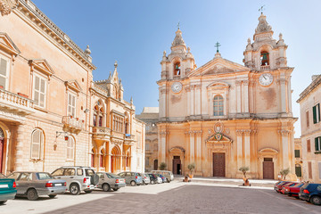 Fototapeta na wymiar The St. Paul's Cathedral in Malta's old capital Mdina.