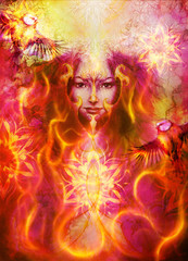 beautiful illustration women and mandala in fire, with birds on multicolor background eye contact.