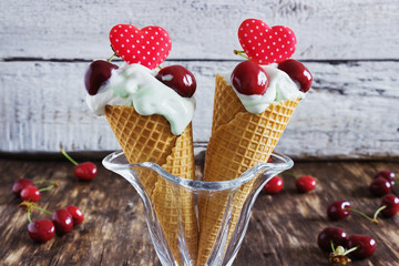 homemade peppermint ice cream with fresh cherry