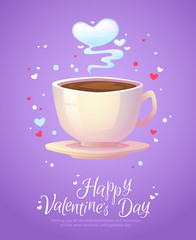 Romantic coffee cup with heart shaped foam retro postcard