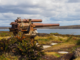 Old rusty naval gun at Gypsy Cove on Falkland Islands