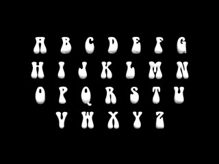 Белый объемный алфавит на черном фоне. Необычные буквы сильно надутые, округлые. Мягкий материал, обтекаемые буквы - obrazy, fototapety, plakaty