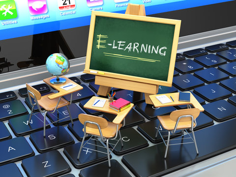 E-learning, online education concept. Blackboard and school desk