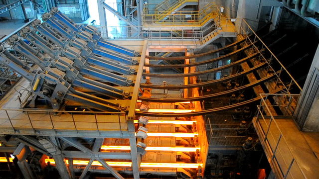hot steel in continuous casting plant at steel works