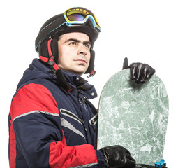 Male snowboarder with the board.