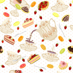 Pattern with flying tea cups, fruits and sweets.