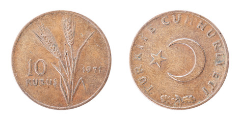 TURKEY. 1971. 10 KURUS CRESCENT MOON STAR Oat Stalks Coins. Both sides isolated on white background.