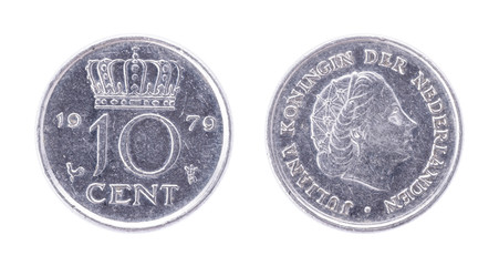 1979 Netherlands 10 cent antique coin Juliana Koningin DER Nederlanden. Both sides isolated on white background.