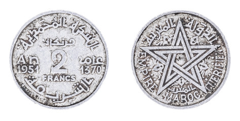 1951. 1370. Morocco. 2 Francs. Empire cherifien. Aluminium. Mohammed V. Both sides isolated on white background. Front and back view. Currencies obsolete vintage.